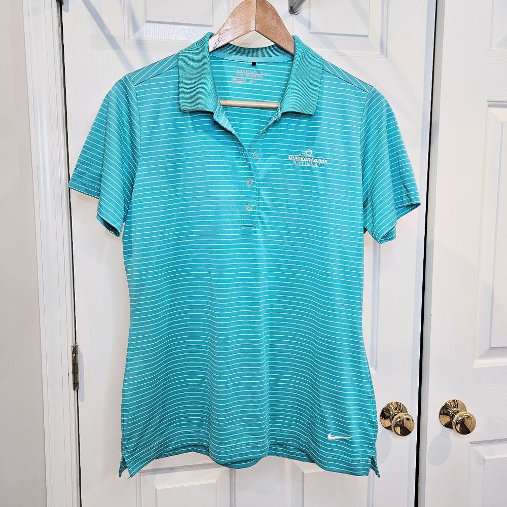Nike Golf Tour Performance Dri-Fit Aqua Blue Pin Striped Polo Women's Large